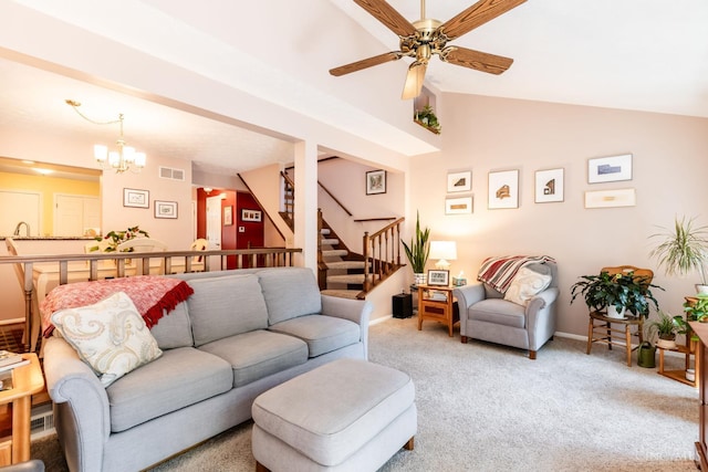 1627 Braintree Dr, Anderson Twp, OH 45255 - living room featuring carpet, baseboards, stairway, a chandelier, and ceiling fan