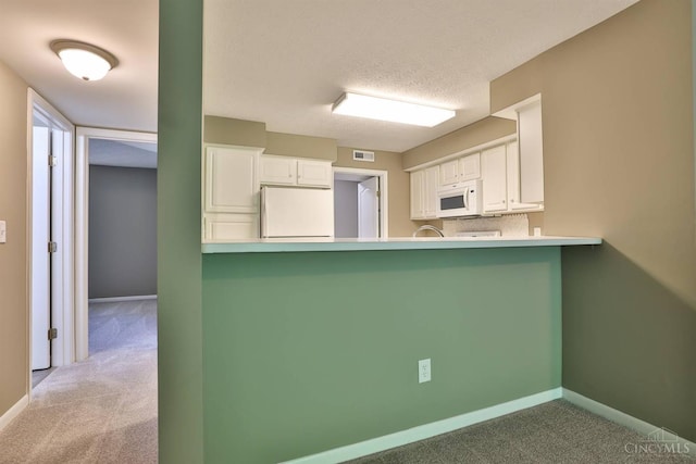 715 Castlegate Ln Unit 102, Springfield Twp, OH 45231 - kitchen featuring white appliances, carpet, white cabinets, baseboards, and a textured ceiling