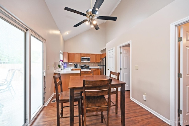 557 Hamblin Dr, Union Twp, OH 45255 - dining room featuring wood finished floors, a ceiling fan, high vaulted ceiling, and baseboards