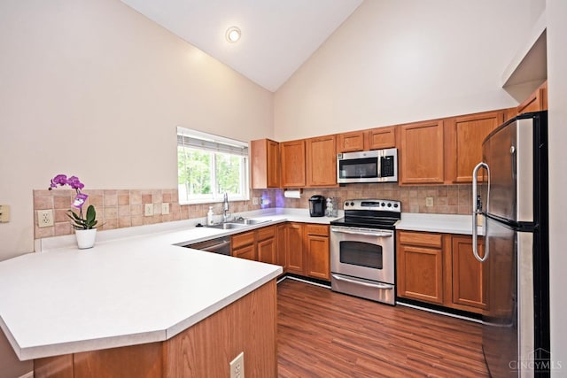 557 Hamblin Dr, Union Twp, OH 45255 - kitchen featuring stainless steel appliances, a sink, high vaulted ceiling, a peninsula, and tasteful backsplash