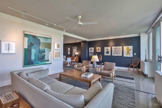 2401 Ingleside Ave Unit 10D, Cincinnati, OH 45206 - living area featuring track lighting, baseboards, crown molding, ceiling fan, and concrete floors