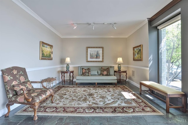 2401 Ingleside Ave Unit 10D, Cincinnati, OH 45206 - living area with track lighting, stone tile floors, ornamental molding, and baseboards