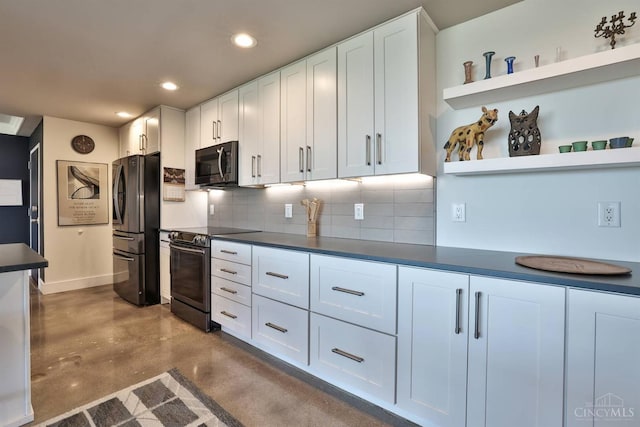 2401 Ingleside Ave Unit 10D, Cincinnati, OH 45206 - kitchen featuring appliances with stainless steel finishes, finished concrete floors, open shelves, recessed lighting, and dark countertops