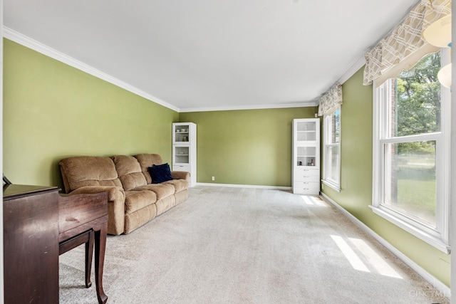 8912 Chapelsquare Ln, Symmes Twp, OH 45249 - living room with healthy amount of natural light, carpet floors, ornamental molding, and baseboards