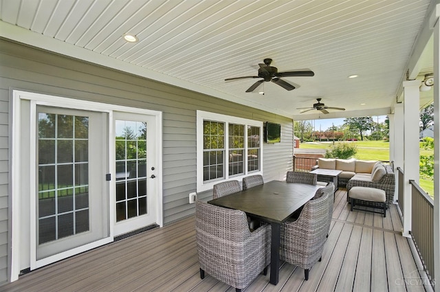 5757 W Fork Rd, Green Twp, OH 45247 - wooden terrace with a ceiling fan and outdoor dining space