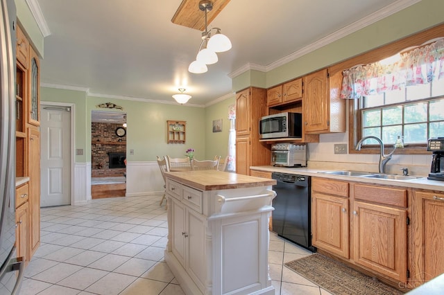 3169 John Gray Rd, Colerain Twp, OH 45251 - kitchen featuring dishwasher, a sink, light tile patterned flooring, stainless steel microwave, and ornamental molding