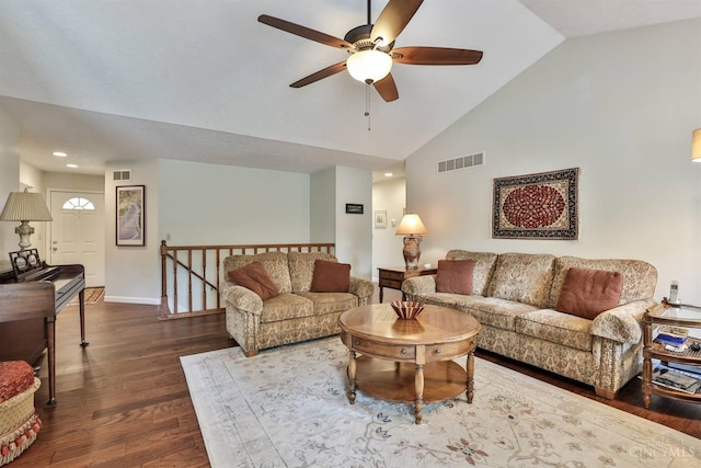 8750 E Kemper Rd, Symmes Twp, OH 45249 - living room featuring a ceiling fan, dark wood-style floors, baseboards, high vaulted ceiling, and recessed lighting