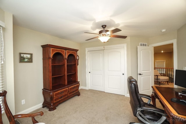 4625 Guildford Dr, West Chester, OH 45069 - office area featuring a ceiling fan, light colored carpet, and baseboards