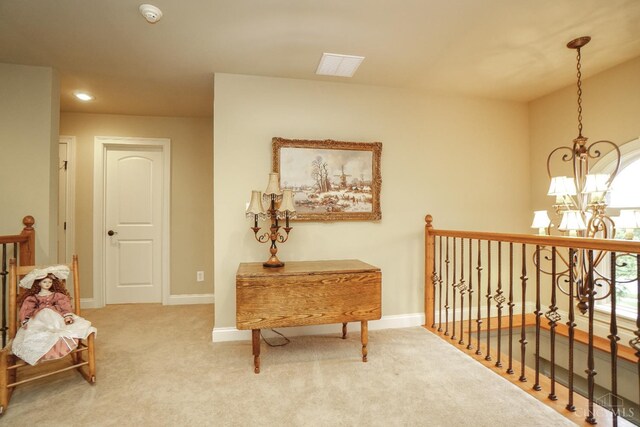 4625 Guildford Dr, West Chester, OH 45069 - hall featuring a chandelier, an upstairs landing, carpet flooring, baseboards, and recessed lighting