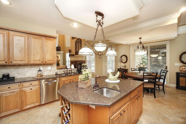 4625 Guildford Dr, West Chester, OH 45069 - kitchen with a sink, dishwasher, dark stone counters, crown molding, and backsplash