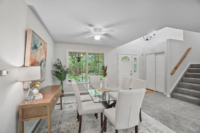 2193 Phillips Rd, Union Twp, OH 45036 - carpeted dining space with stairs and a ceiling fan