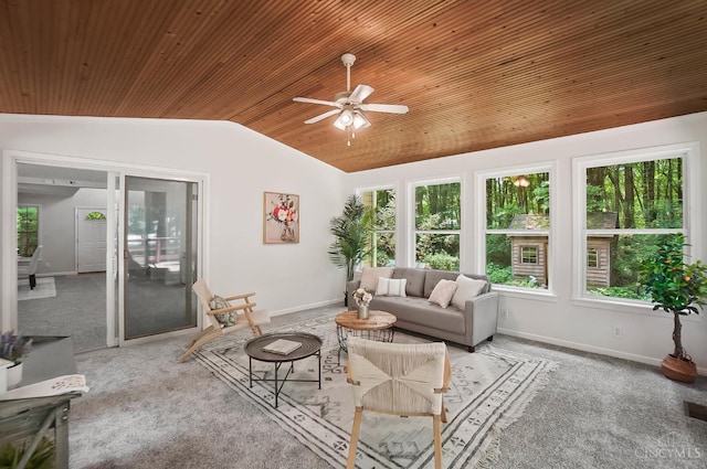 2193 Phillips Rd, Union Twp, OH 45036 - carpeted living area with wood ceiling, vaulted ceiling, plenty of natural light, and ceiling fan