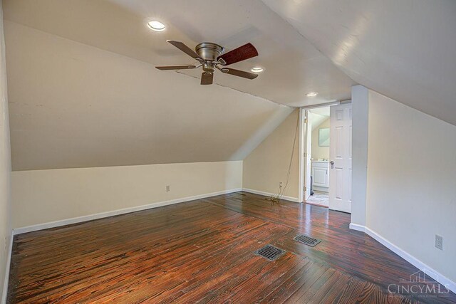 3947 Ruth Ln, Cheviot, OH 45211 - bonus room featuring hardwood / wood-style flooring, a ceiling fan, lofted ceiling, and recessed lighting