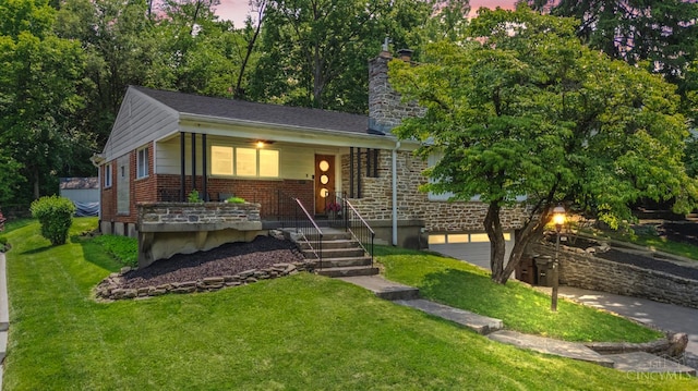 6530 Cliff Ridge Ln, Columbia Twp, OH 45213 - view of front of home with a chimney, a front lawn, covered porch, and brick siding