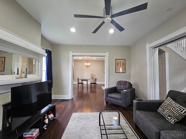 2002 Clarion Ave, Cincinnati, OH 45207 - living area with dark wood finished floors, recessed lighting, a ceiling fan, and a chandelier