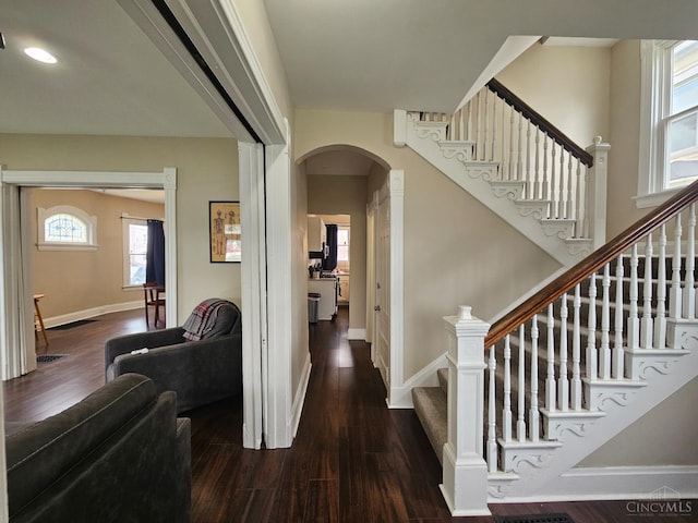 2002 Clarion Ave, Cincinnati, OH 45207 - entryway featuring arched walkways, stairway, wood finished floors, and recessed lighting