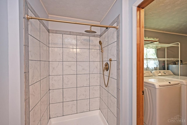 9660 N Dixie Hwy, Franklin Twp, OH 45005 - full bathroom with a textured ceiling, independent washer and dryer, a tile shower, and ornamental molding