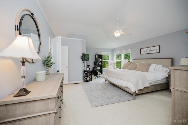 8562 Kempton Ln, Hamilton Twp, OH 45039 - bedroom with light carpet, vaulted ceiling, a ceiling fan, and baseboards