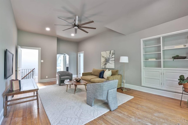 2334 Upland Pl, Cincinnati, OH 45206 - living area with a ceiling fan, wood-type flooring, recessed lighting, and arched walkways