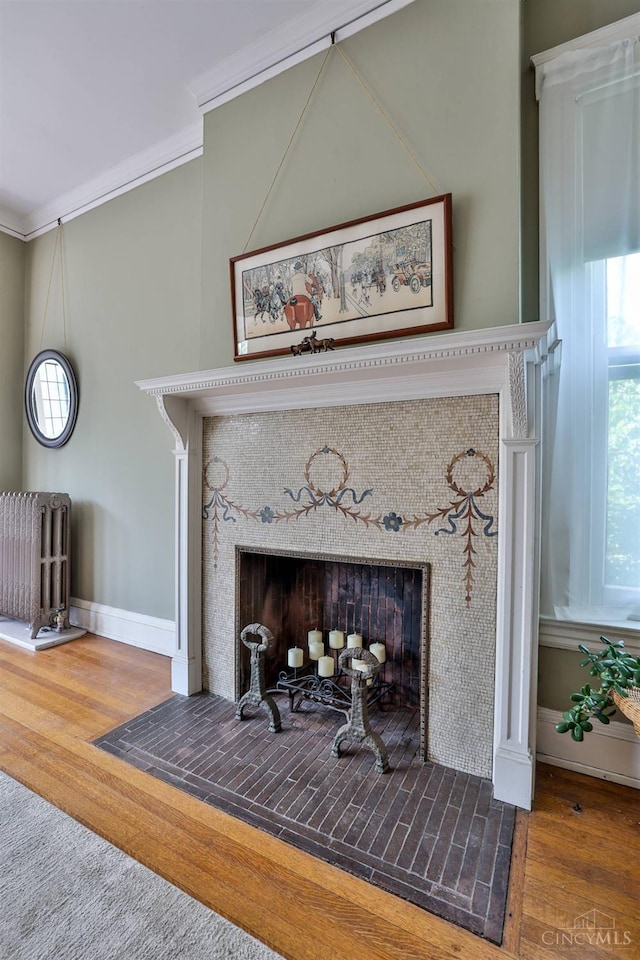 2334 Upland Pl, Cincinnati, OH 45206 - detailed view of radiator, a fireplace, wood finished floors, and ornamental molding