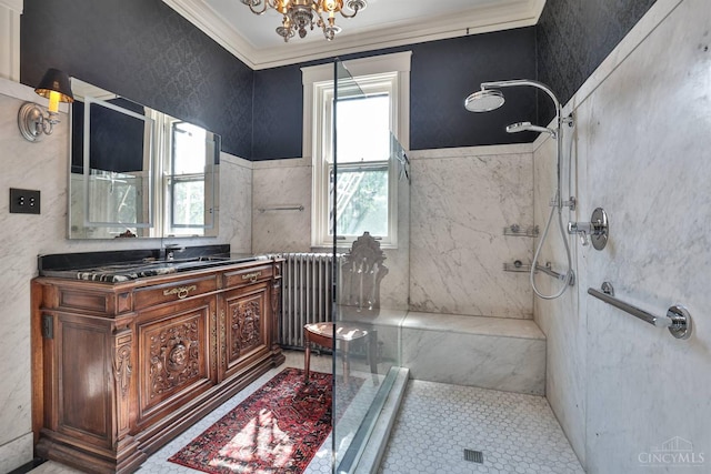 2334 Upland Pl, Cincinnati, OH 45206 - bathroom featuring radiator, a marble finish shower, crown molding, a chandelier, and vanity