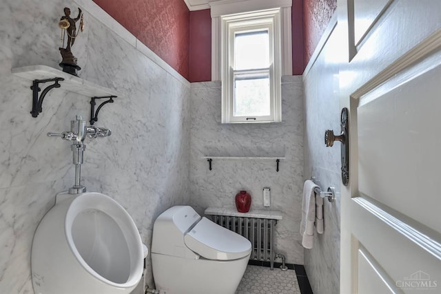 2334 Upland Pl, Cincinnati, OH 45206 - bathroom featuring tile walls, radiator heating unit, tile patterned floors, and wainscoting