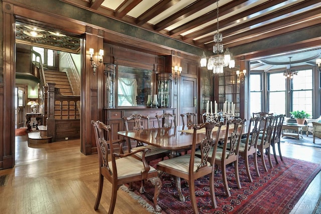 2334 Upland Pl, Cincinnati, OH 45206 - dining room featuring a chandelier, wood-type flooring, stairway, beam ceiling, and wooden walls