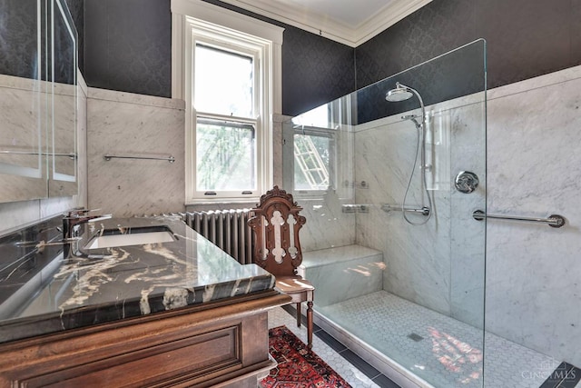 2334 Upland Pl, Cincinnati, OH 45206 - full bathroom with ornamental molding, walk in shower, and vanity