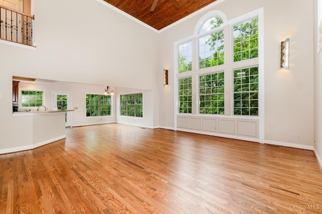 3190 Fox Run Dr, Ross Twp, OH 45013 - unfurnished living room with wood ceiling, a high ceiling, a chandelier, light wood-style floors, and plenty of natural light