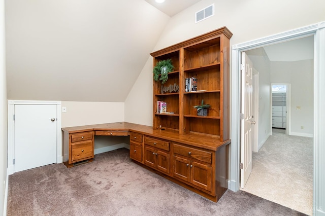 3190 Fox Run Dr, Ross Twp, OH 45013 - office with light colored carpet, vaulted ceiling, and built in study area