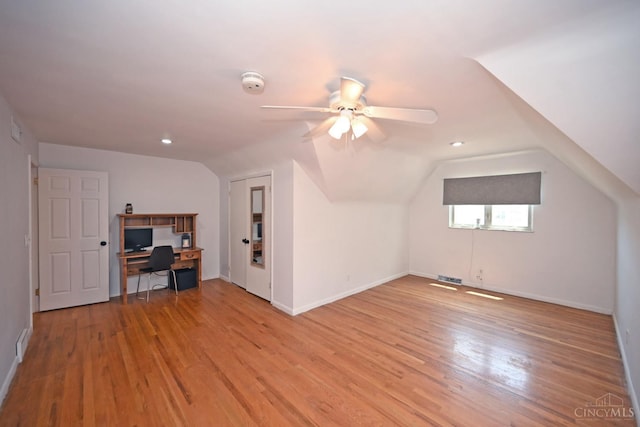 3430 Melodymanor Dr, Colerain Twp, OH 45239 - additional living space featuring light wood finished floors, an office area, ceiling fan, lofted ceiling, and recessed lighting