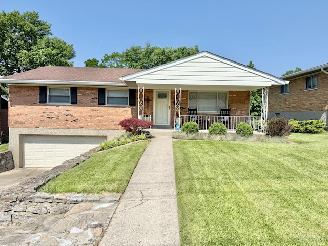 4375 Airycrest Ln, Cincinnati, OH 45211 - view of front of house featuring brick siding, covered porch, an attached garage, and a front lawn