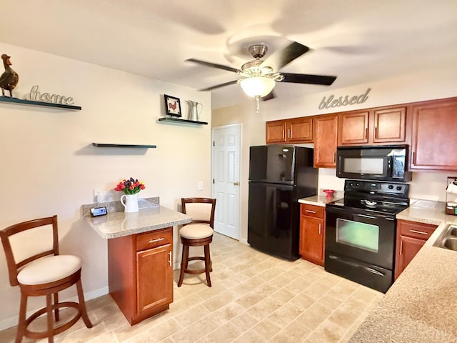 4375 Airycrest Ln, Cincinnati, OH 45211 - kitchen featuring black appliances, brown cabinetry, ceiling fan, and open shelves