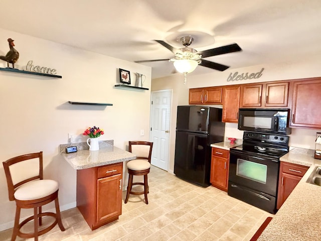 4375 Airycrest Ln, Cincinnati, OH 45211 - kitchen with black appliances, brown cabinetry, a ceiling fan, open shelves, and light stone countertops
