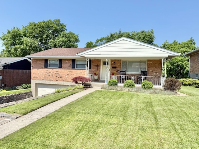 4375 Airycrest Ln, Cincinnati, OH 45211 - view of front of home featuring brick siding, a front yard, an attached garage, and covered porch