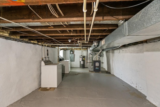 2266 Loth St, Cincinnati, OH 45219 - below grade area featuring electric panel, electric water heater, heating unit, and separate washer and dryer