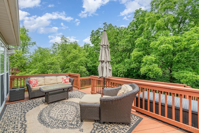 5200 Poets Way, Liberty Twp, OH 45011 - wooden deck with an outdoor hangout area and view of wooded area