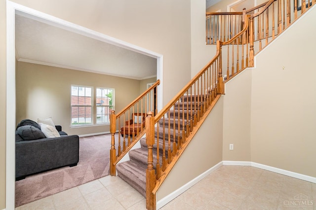 5200 Poets Way, Liberty Twp, OH 45011 - staircase with ornamental molding, tile patterned floors, carpet floors, and a high ceiling