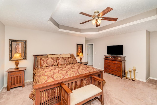 5200 Poets Way, Liberty Twp, OH 45011 - bedroom featuring light carpet, a textured ceiling, a ceiling fan, and a raised ceiling