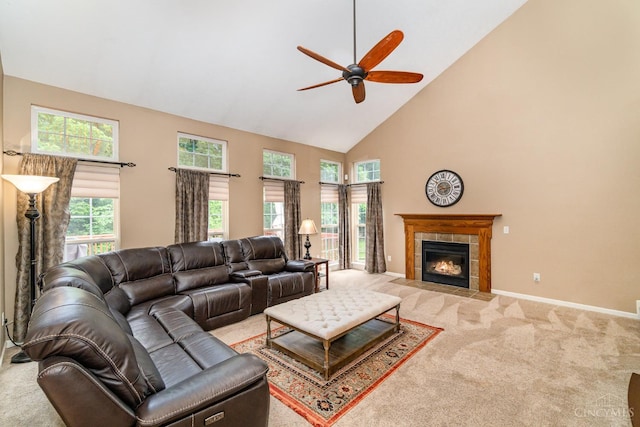 5200 Poets Way, Liberty Twp, OH 45011 - living area featuring high vaulted ceiling, ceiling fan, light carpet, and a tiled fireplace