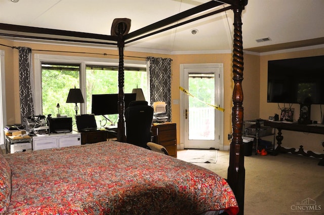 8030 Deershadow Ln, Montgomery, OH 45242 - carpeted bedroom featuring access to outside, ornamental molding, lofted ceiling, and a desk
