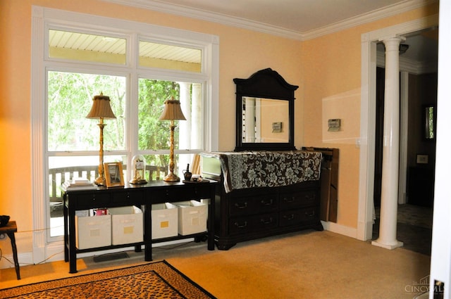 8030 Deershadow Ln, Montgomery, OH 45242 - living area with carpet, ornate columns, and ornamental molding