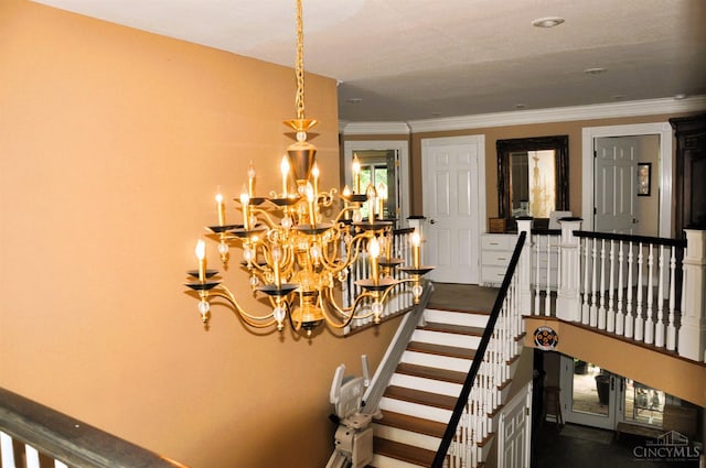 8030 Deershadow Ln, Montgomery, OH 45242 - stairway featuring a chandelier and ornamental molding