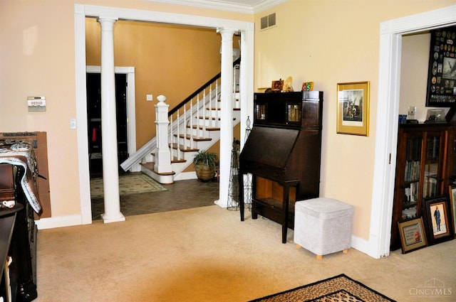 8030 Deershadow Ln, Montgomery, OH 45242 - stairway with carpet floors, crown molding, and ornate columns
