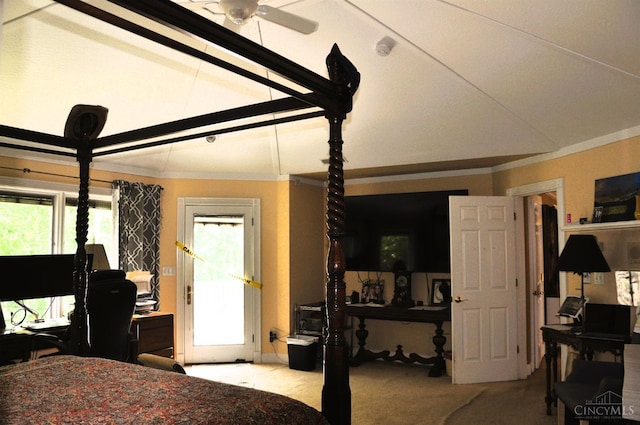 8030 Deershadow Ln, Montgomery, OH 45242 - bedroom with crown molding, an office area, carpet flooring, and vaulted ceiling
