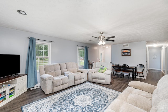 13726 New Harmony Shiloh Rd, Pike Twp, OH 45154 - living room with dark wood-style floors and ceiling fan