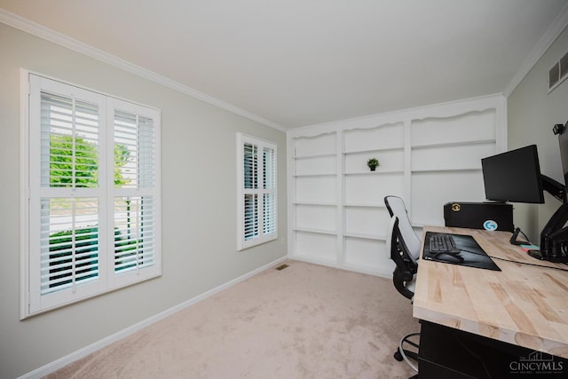 9930 Tall Oaks Ct, Deerfield Twp, OH 45140 - office area featuring crown molding, built in features, and carpet flooring