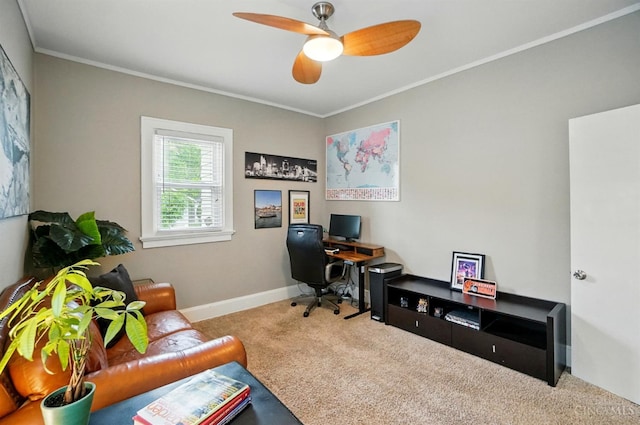 7002 Cambridge Ave, Columbia Twp, OH 45227 - home office with carpet flooring, ornamental molding, and ceiling fan
