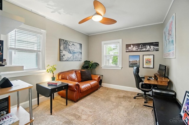 7002 Cambridge Ave, Columbia Twp, OH 45227 - home office with ceiling fan, ornamental molding, and carpet floors