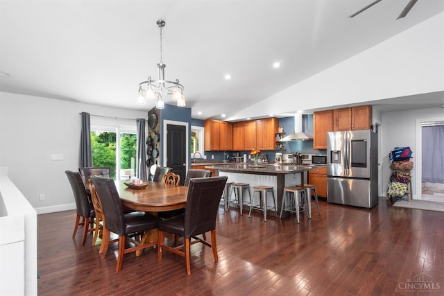 6226 Hunt Rd, Wayne Twp, OH 45118 - dining space with lofted ceiling, dark wood-style flooring, recessed lighting, and a chandelier